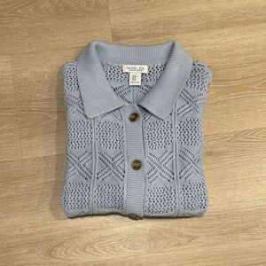 Rachel Zoe Open Knit Periwinkle Blue Collared Button Up Cardigan Sweater Sz XL